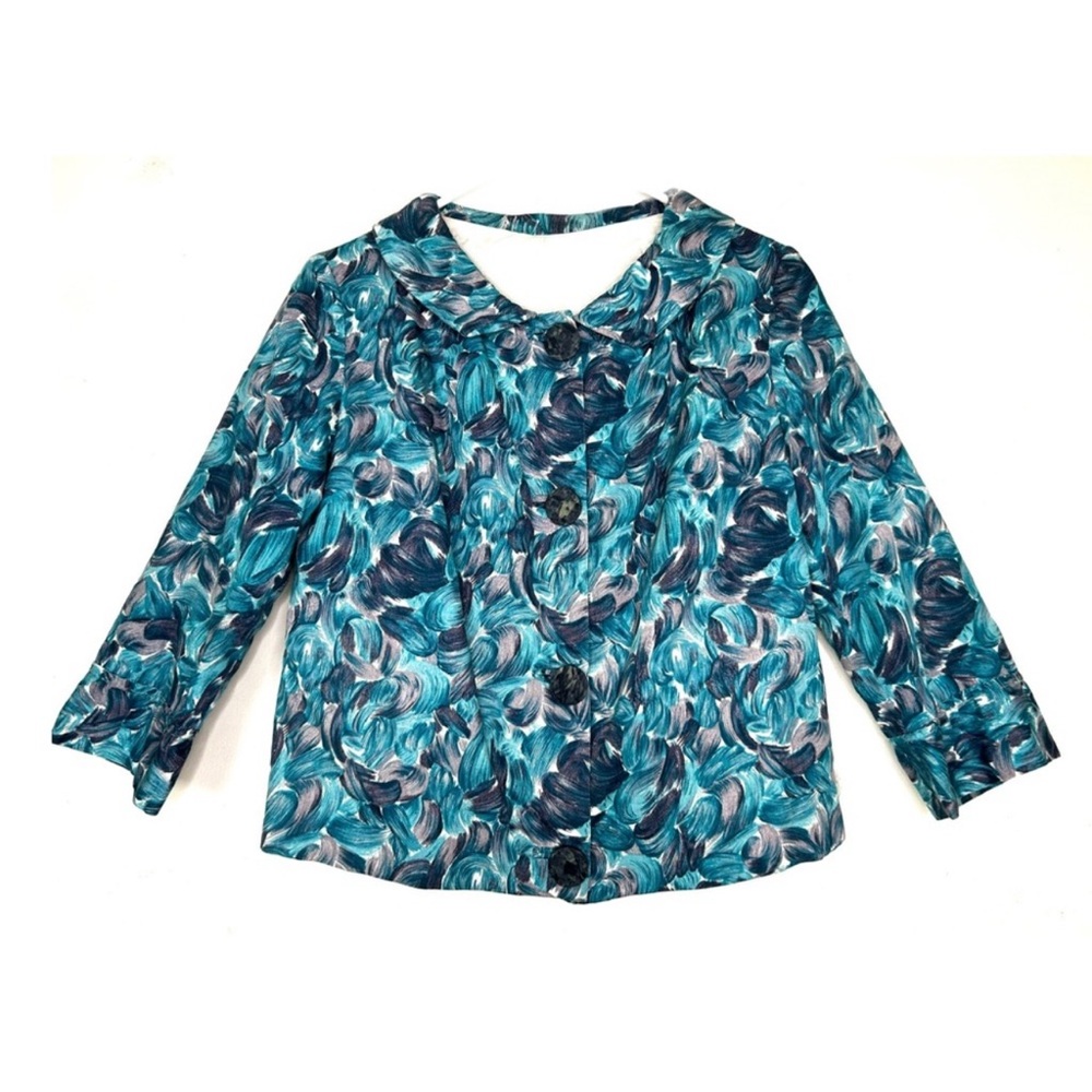 Vintage 60s Cropped Satin Jacket Psychedelic Pattern Sailor Collar 3/4 Sleeve M